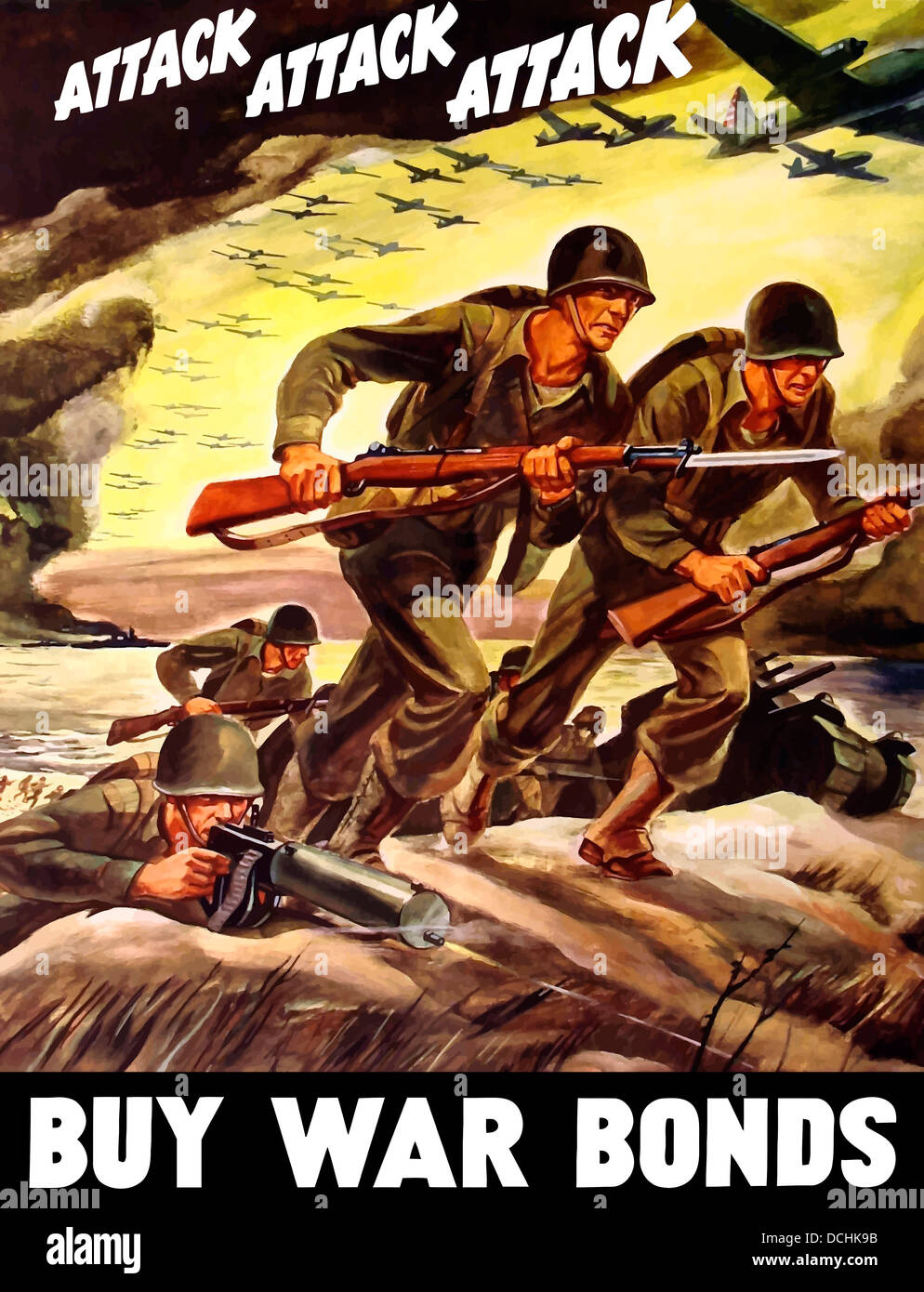 World War II propaganda poster of soldiers assaulting a beach with rifles Stock Photo