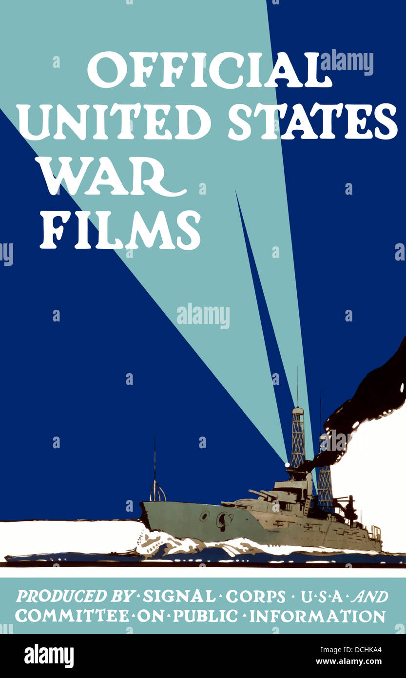 World War I propaganda poster of a navy ship shining it's searchlights. Stock Photo