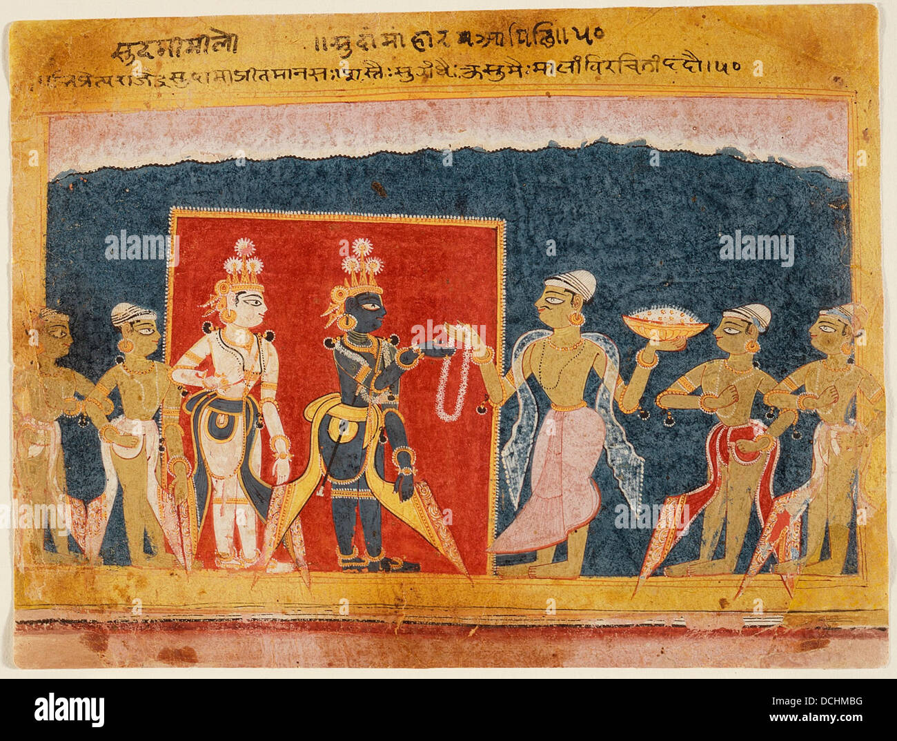 Sudama Offers a Garland to Krishna, Folio from a Bhagavata Purana (Ancient Stories of the Lord) M.83.219.3 Stock Photo