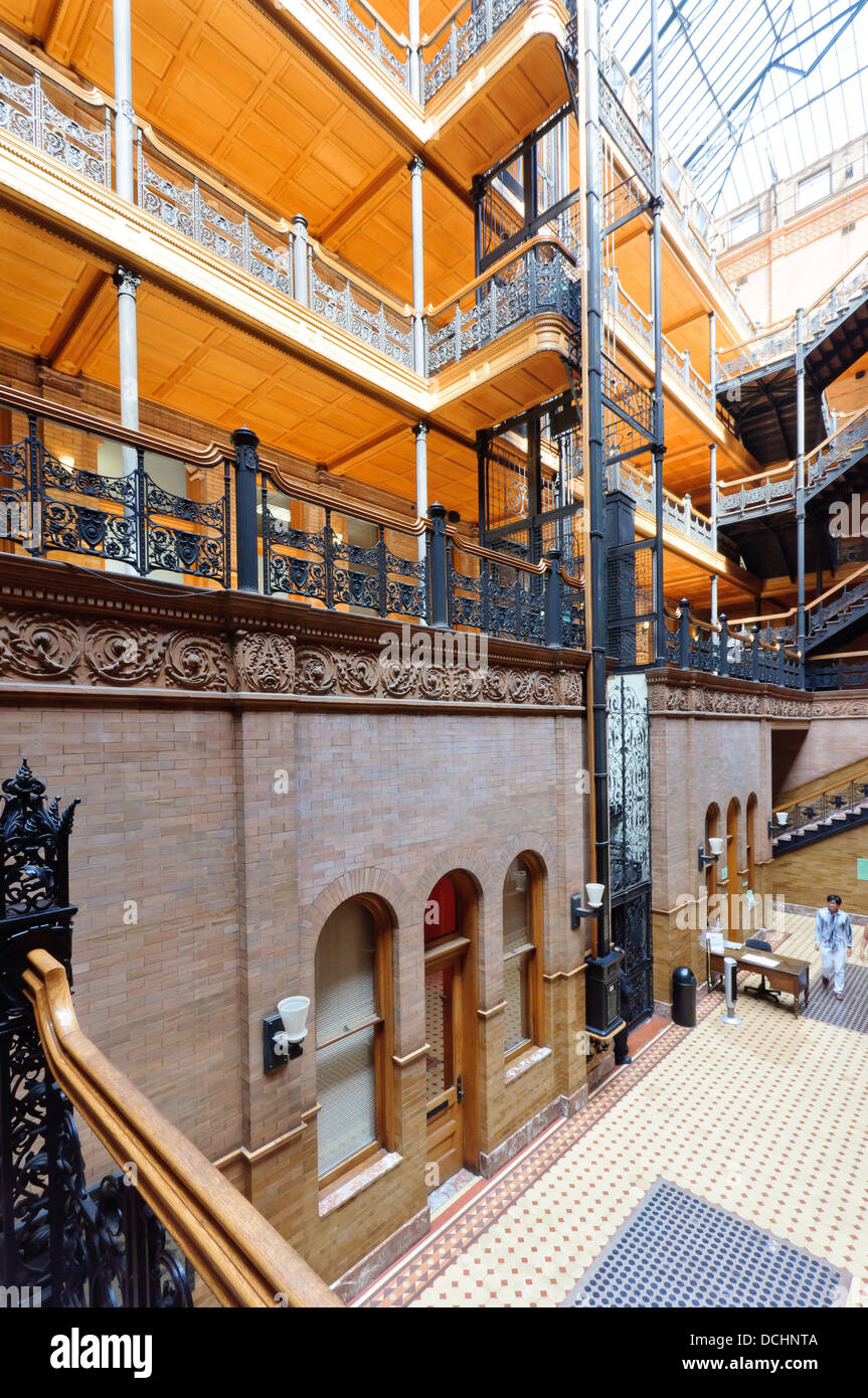 View of the historic Bradbury Building's architecture and working elevator Stock Photo