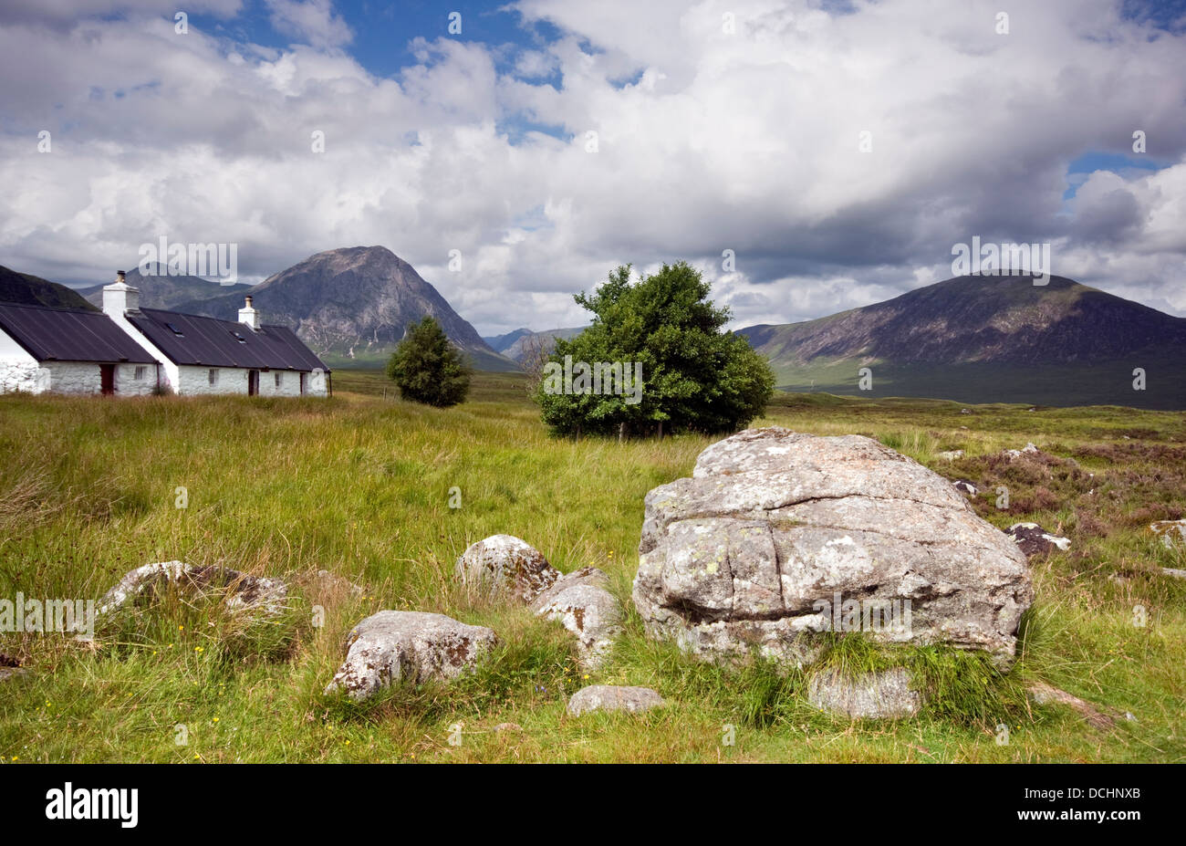 Black Rock Cottage in the Glencoe region of the Scottish Highlands Stock Photo