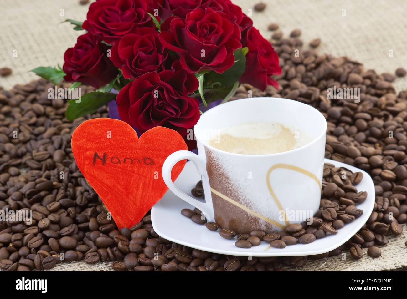 cup of coffee, red roses and heart Stock Photo - Alamy