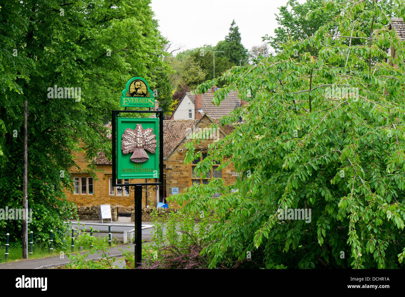 Pub sign denoting The Wheatsheaf in Dallington village, Northampton Stock Photo
