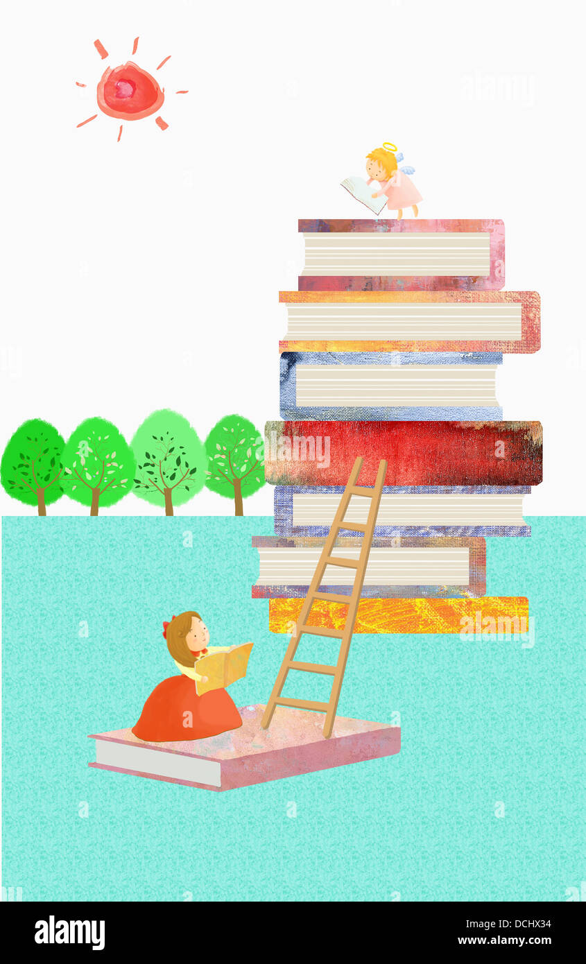 illustration of a girl and pile of books Stock Photo - Alamy