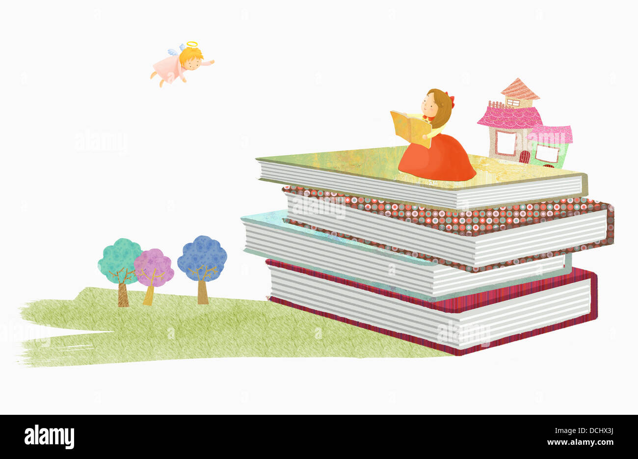 illustration of a girl and pile of books Stock Photo - Alamy