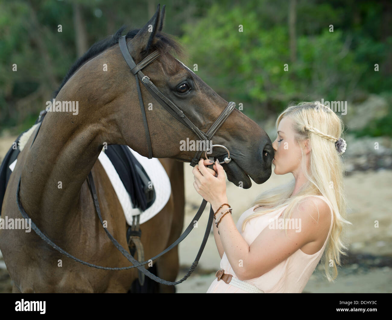 Beautiful  blonde Caucasian woman with dark brown thoroughbred / gelding horse on the beach Stock Photo