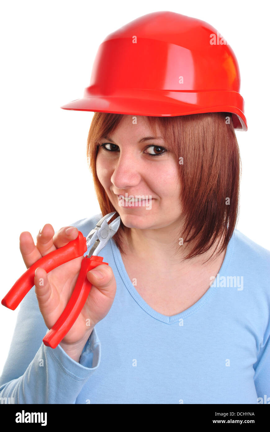 young woman holds a plier in her hand Stock Photo Alamy