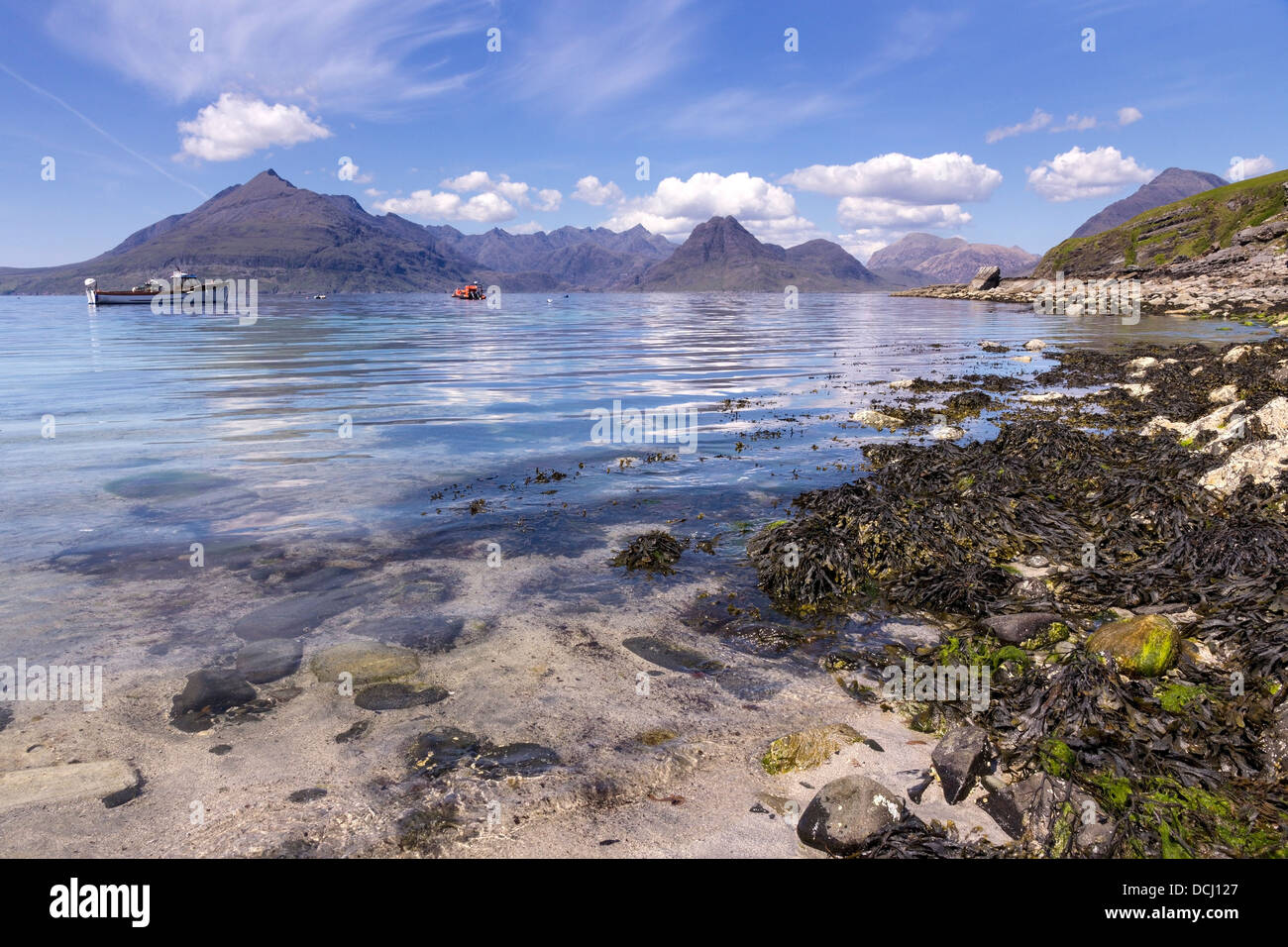 Black Cuillin Mountains and Loch Scavaig as seen from Elgol, Isle of Skye, Scotland, UK Stock Photo