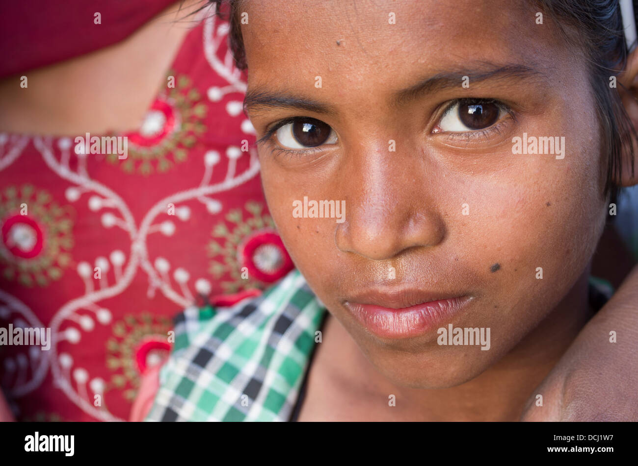 Indian child  goat herder on the banks of the Yamuna River - Agra, India Stock Photo