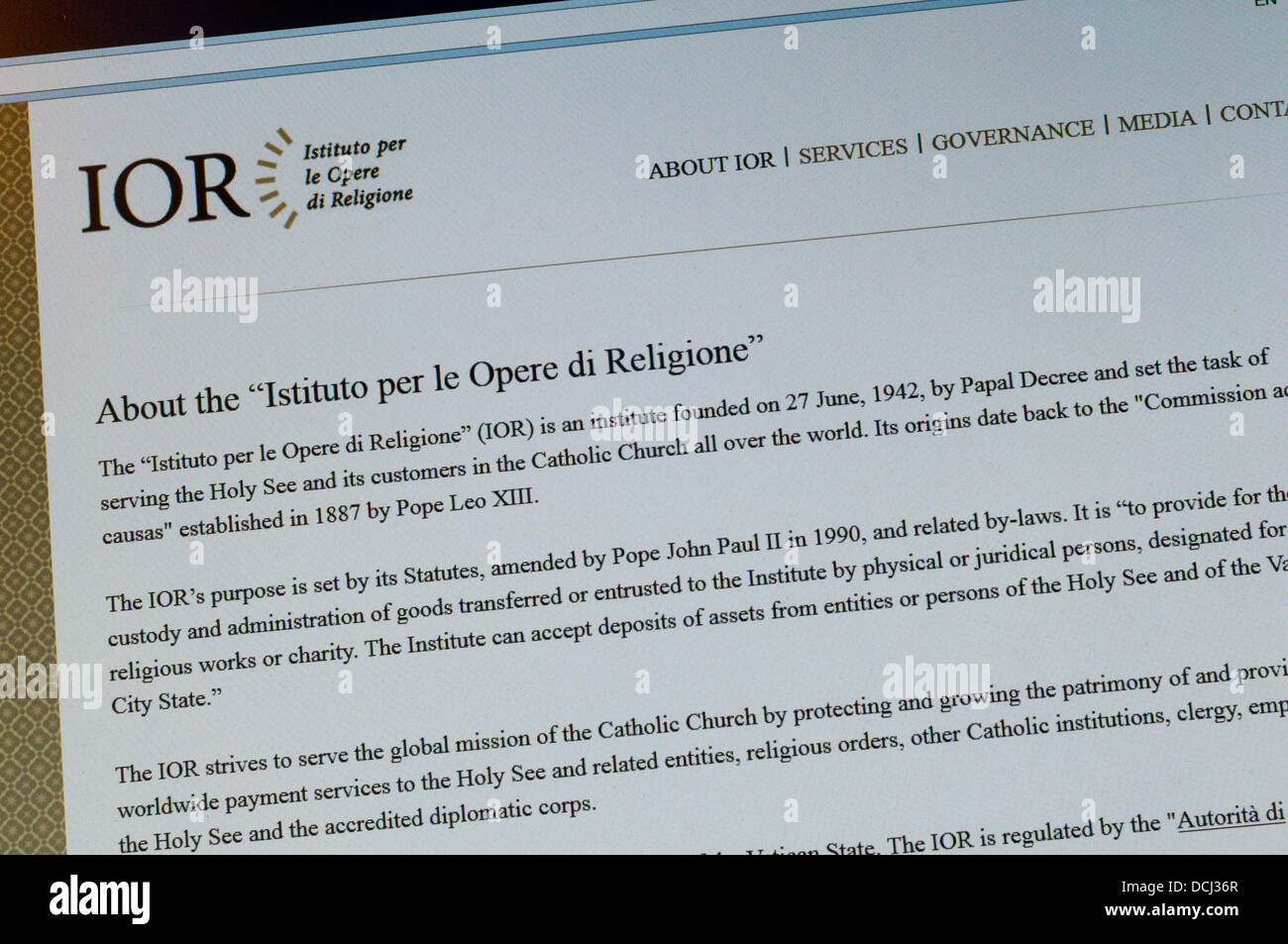 The web site of the Vatican bank, the Instituto per le Opere di Religione. Stock Photo