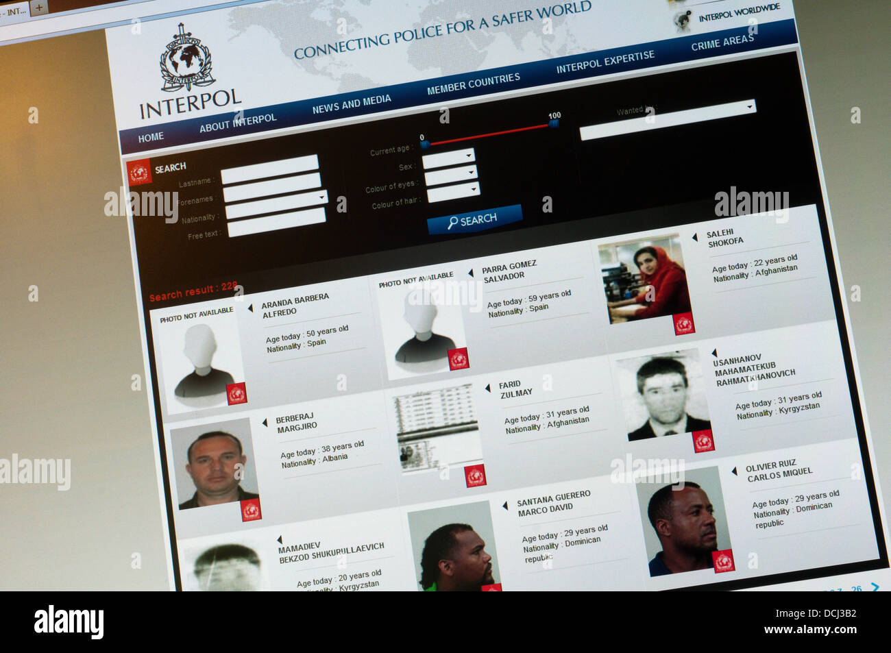 The Interpol website. Stock Photo