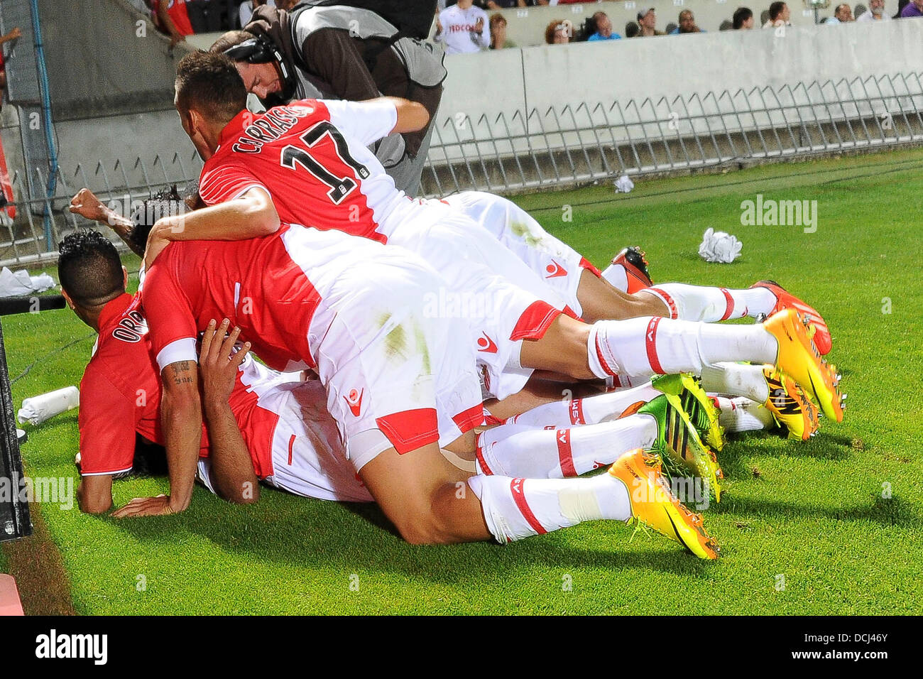 18.08.2013 Monaco. Monaco players celebrate during the French Ligue 1 game between Monaco and Montpellier from the Stade Louis II stadium. Stock Photo