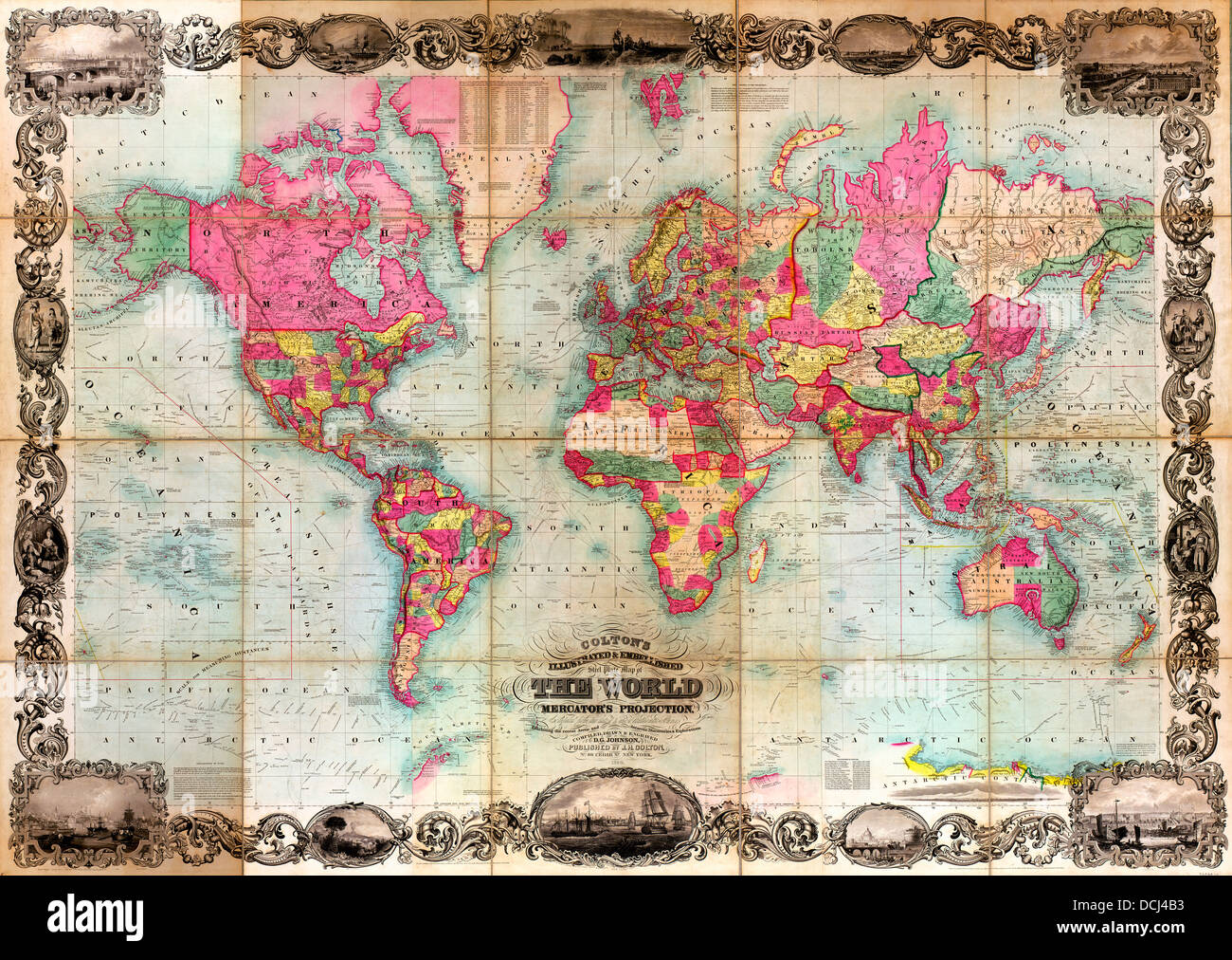Colton's illustrated & embellished steel plate map of the world on Mercator's projection : compiled from the latest & most authentic sources exhibiting the recent Arctic and Antarctic discoveries & explorations / 1854 Stock Photo