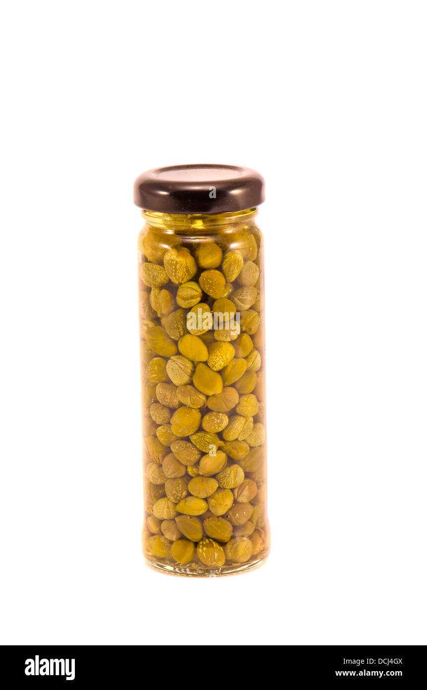 marinated potted glass jar with capers isolated on white background