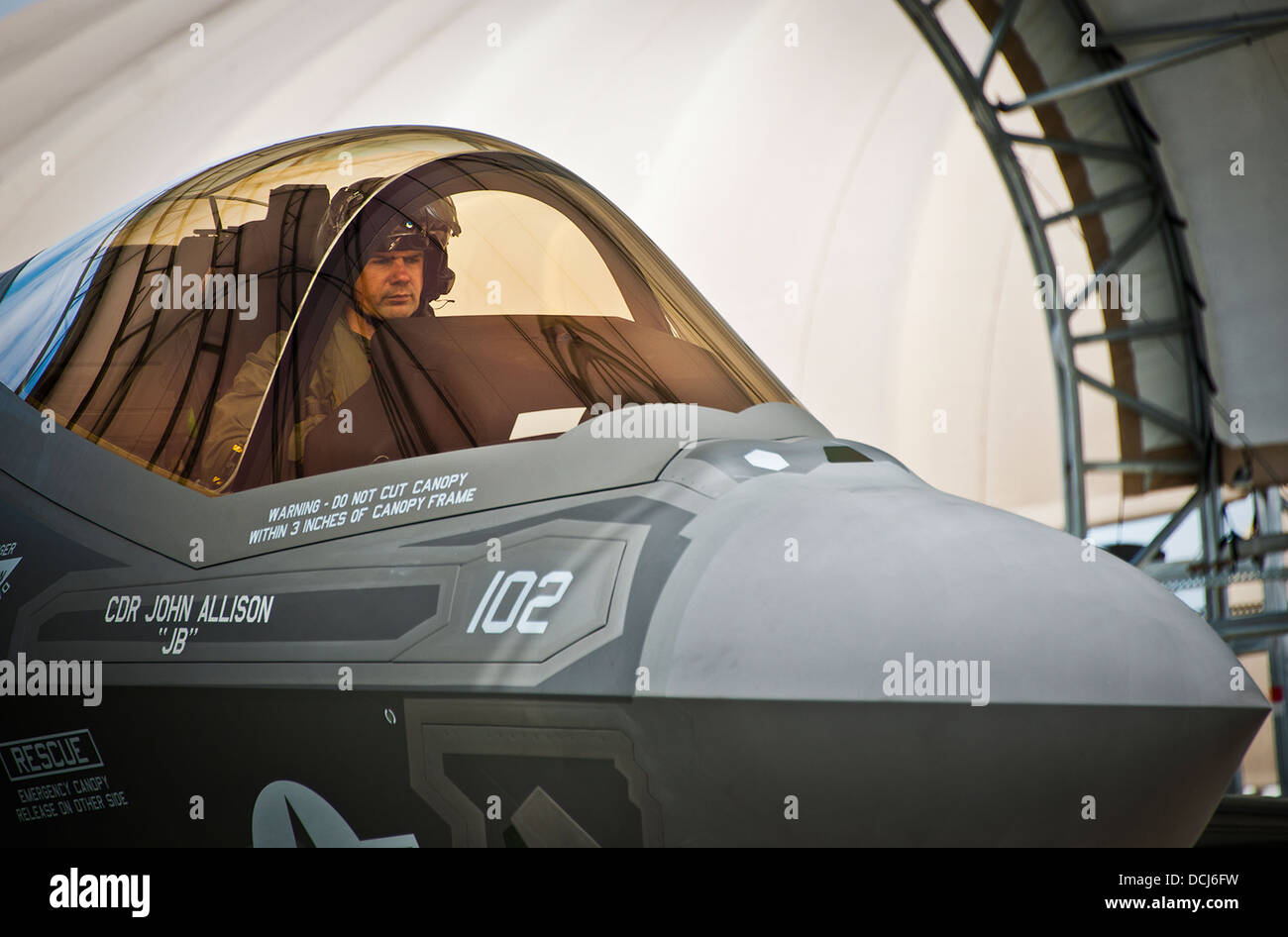 Lt. Cdr. Chris Tabert pilots the first F-35C Lightning II flight at Eglin Air Force Base Aug. 14. Before arriving to U.S. Navy F-35 Strike Fighter Squadron VFA 101 in February, he served as a test pilot for the joint strike fighter program at Naval Air St Stock Photo