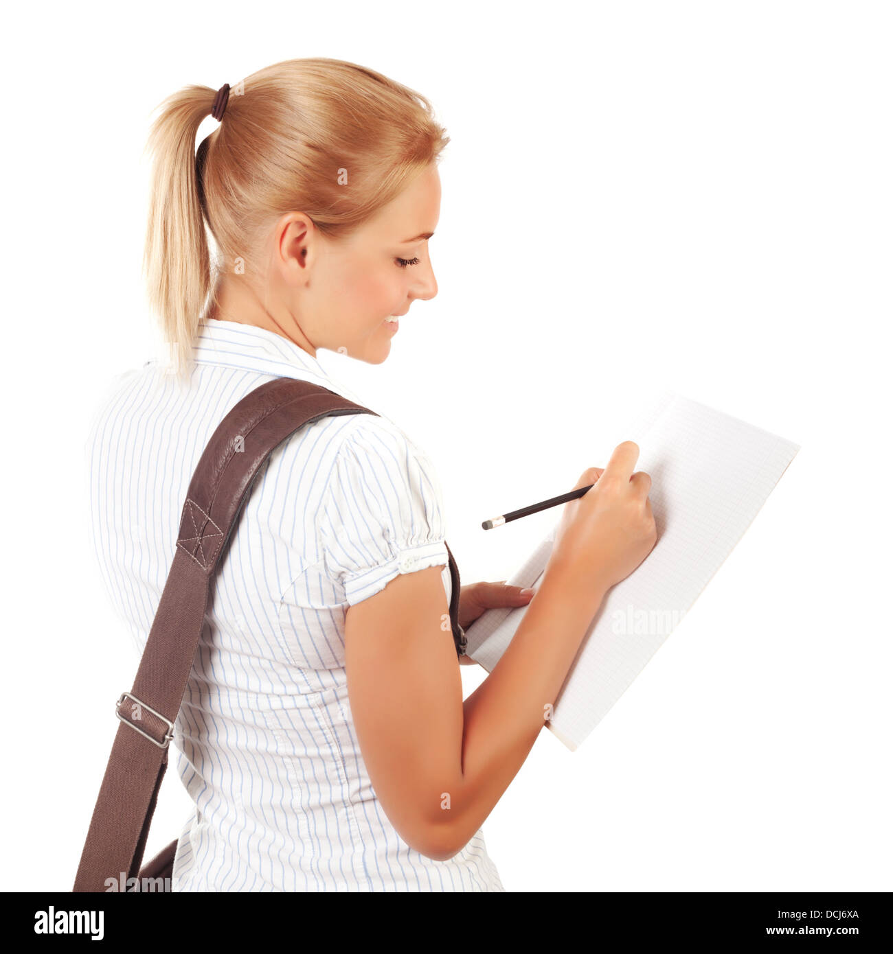 Student girl pass exams, isolated on white background, go to university, writing test, smart schoolgirl, education concept Stock Photo
