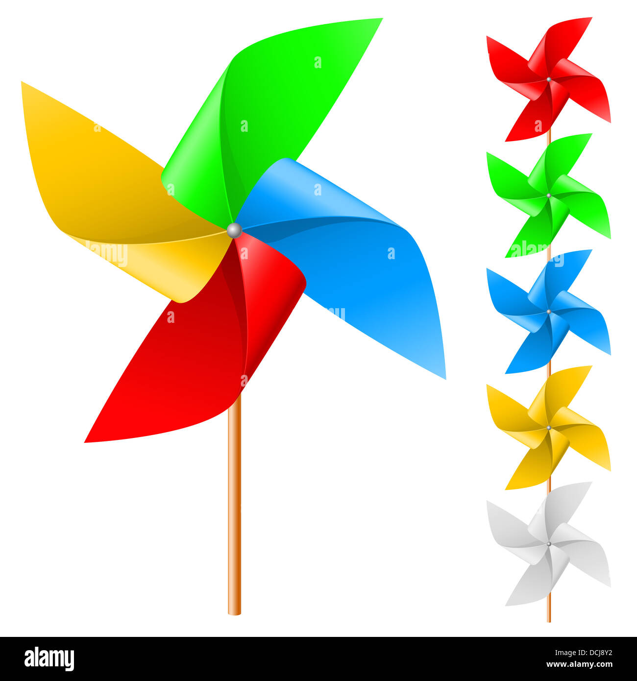 Toy windmill propeller set with multicolored blades on a white Stock