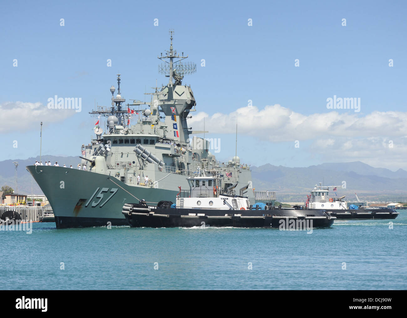 The Royal Australian Navy frigate HMAS Perth (FFGHM 157) arrives in Pearl Harbor to conduct a routine port visit. Stock Photo