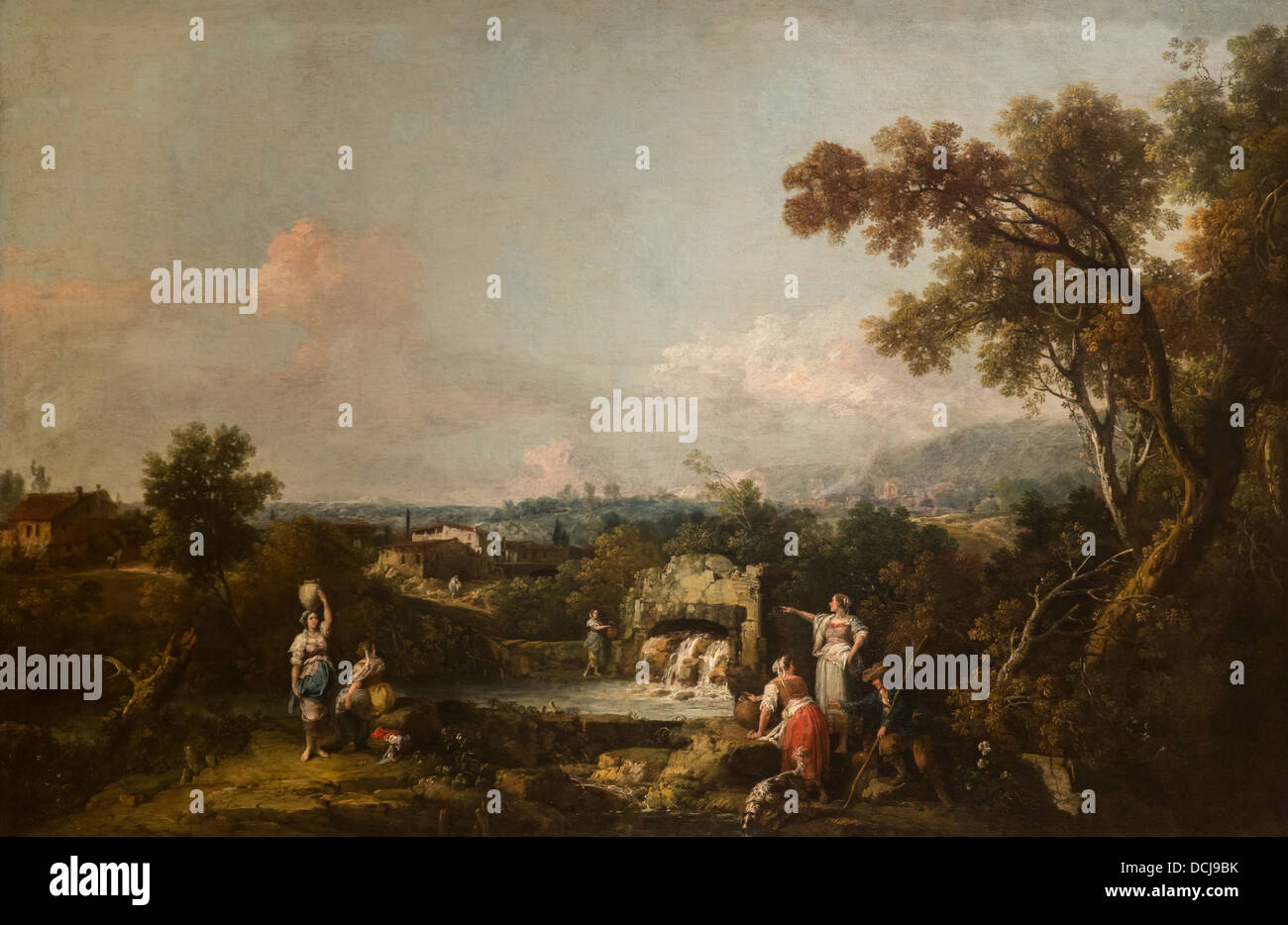 18th century  -  Landscape with Peasants at a Fountain - Francesco Zuccarelli (milieu du XVIIIème siècle) - Oil on canvas Stock Photo