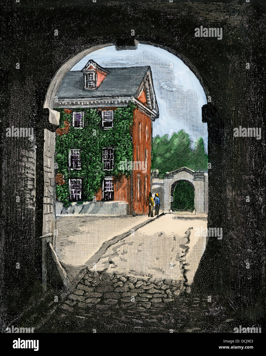 Pennsylvania Hospital, founded by Benjamin Franklin. Hand-colored woodcut Stock Photo