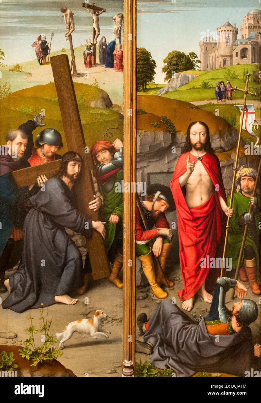 16th century  -  Christ Carrying the Cross, with the Crucifixion; The Resurrection, with the Pilgrims of Emmaus - Gerard David Stock Photo