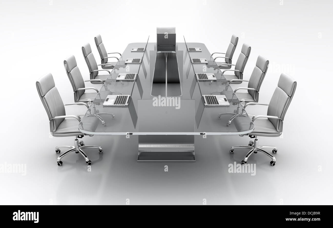 3D render of conference table from glass with white leather chairs ...