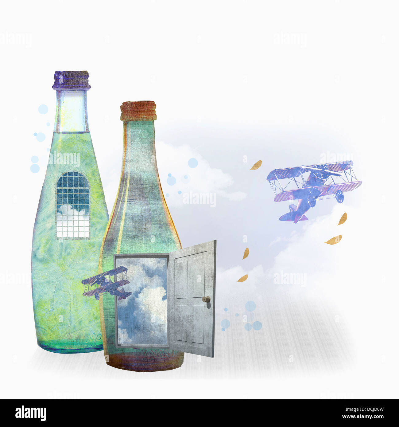 illustration of beer bottles in the sky Stock Photo