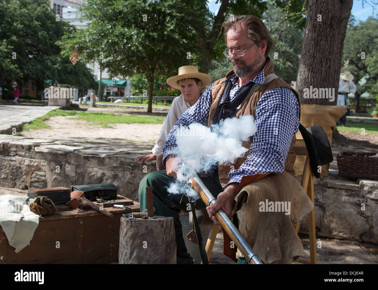 Members of the San Antonio Living History Association demonstrate life of the 1830s at the plaza in front of the Alamo. Stock Photo