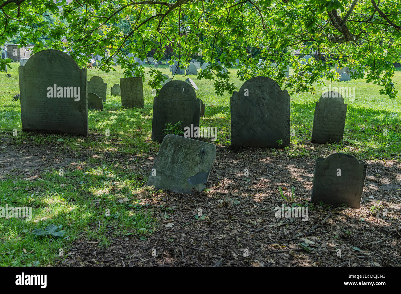 Graves and grave stones in the historic burying ground in Salem