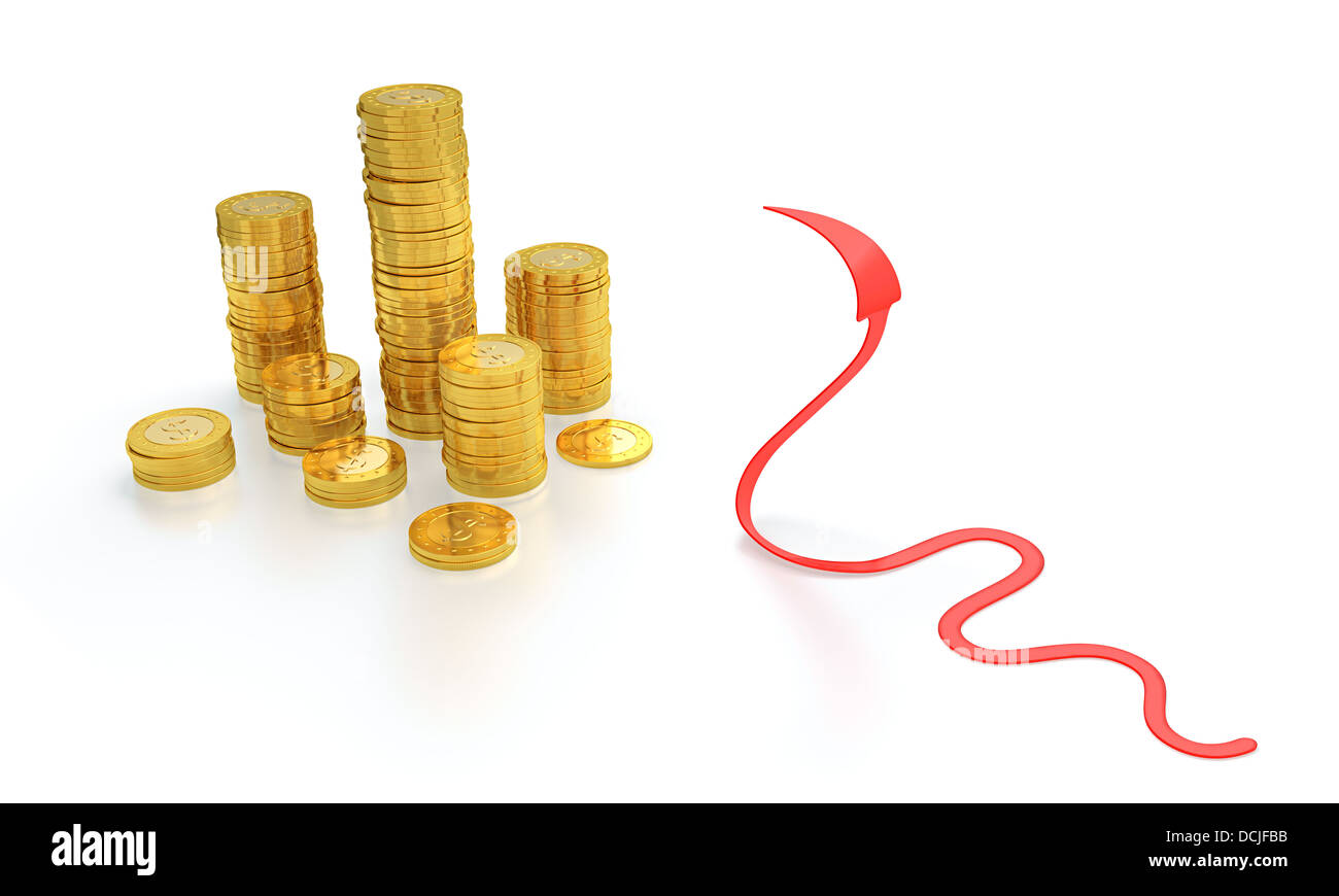 3d render of gold coin stack with red arrow snake on white background ...