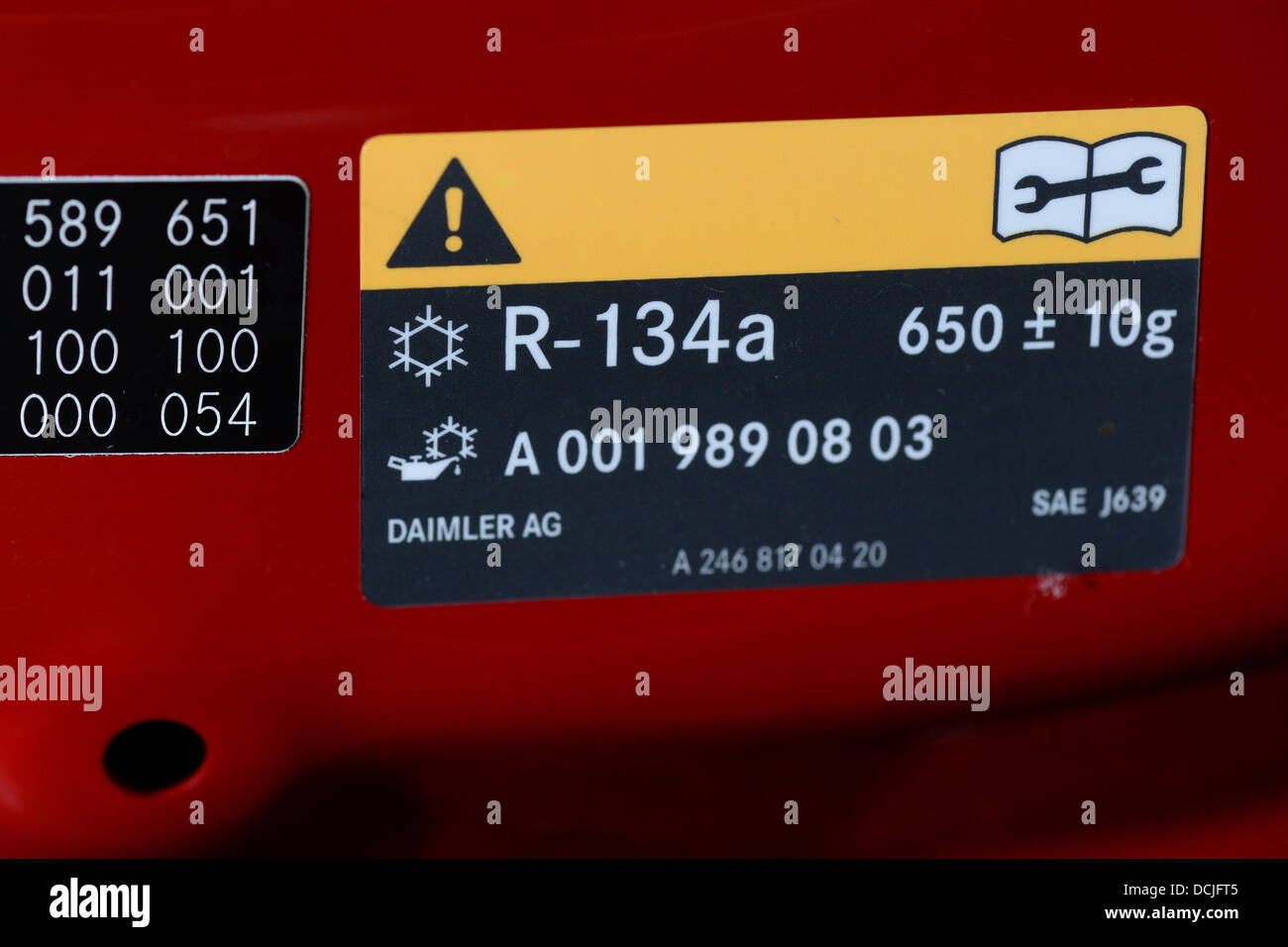 A Sign For The Refrigerant R134a Is Seen On The Bonnet Of A Mercedes Stock Photo Alamy