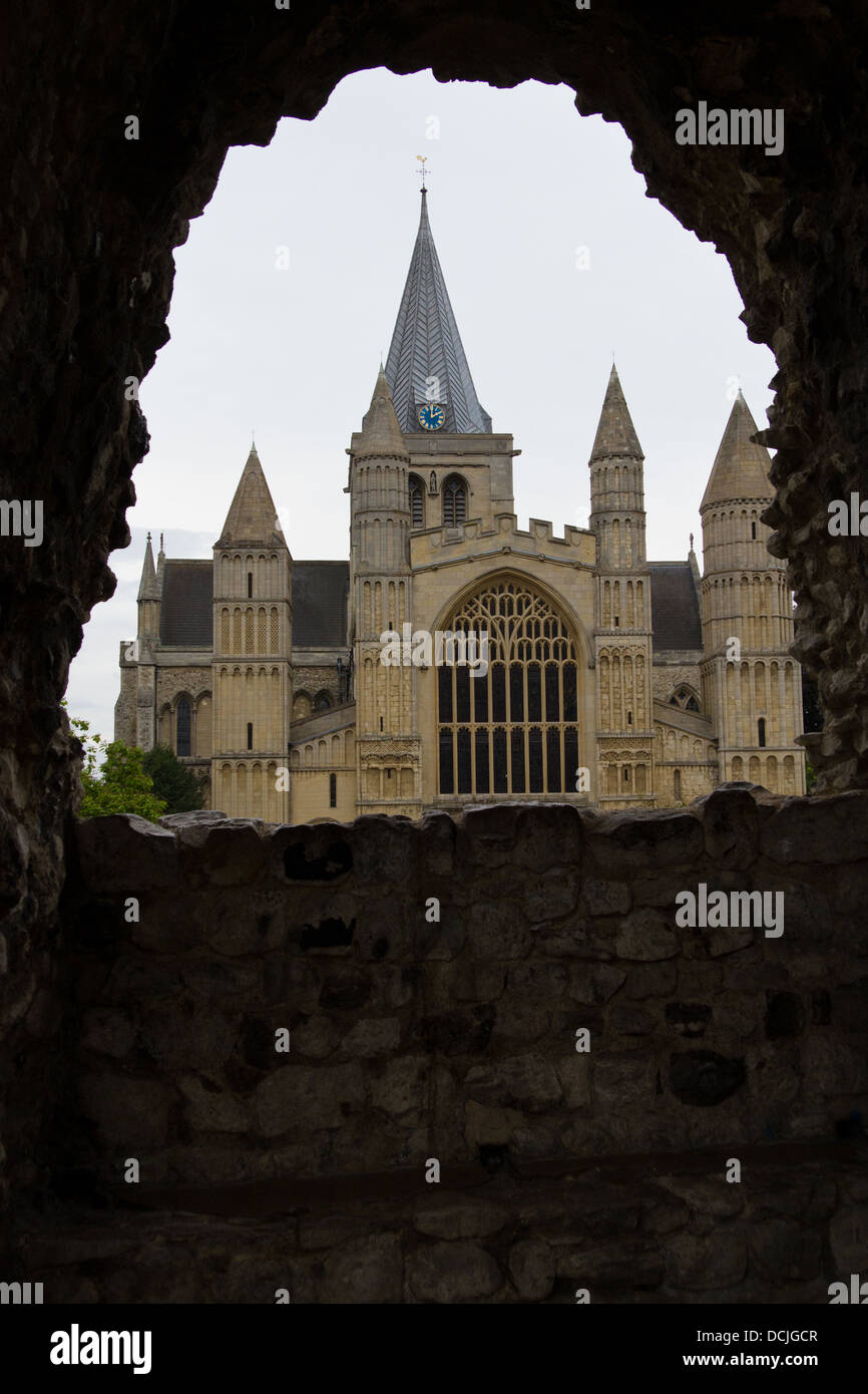 View of Rochester Cathedral through stone eye Stock Photo
