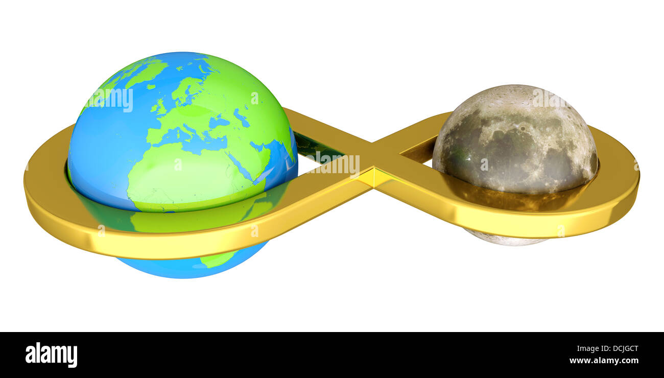 3D render of Earth linked with Moon isolated on white background Stock Photo
