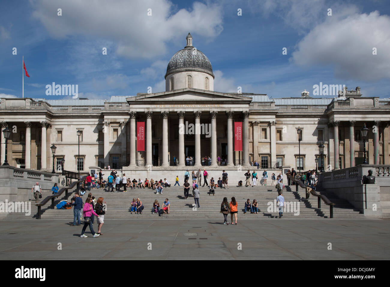 A view of the National Gallery facade in London taken from  Trafalgar Square. Stock Photo