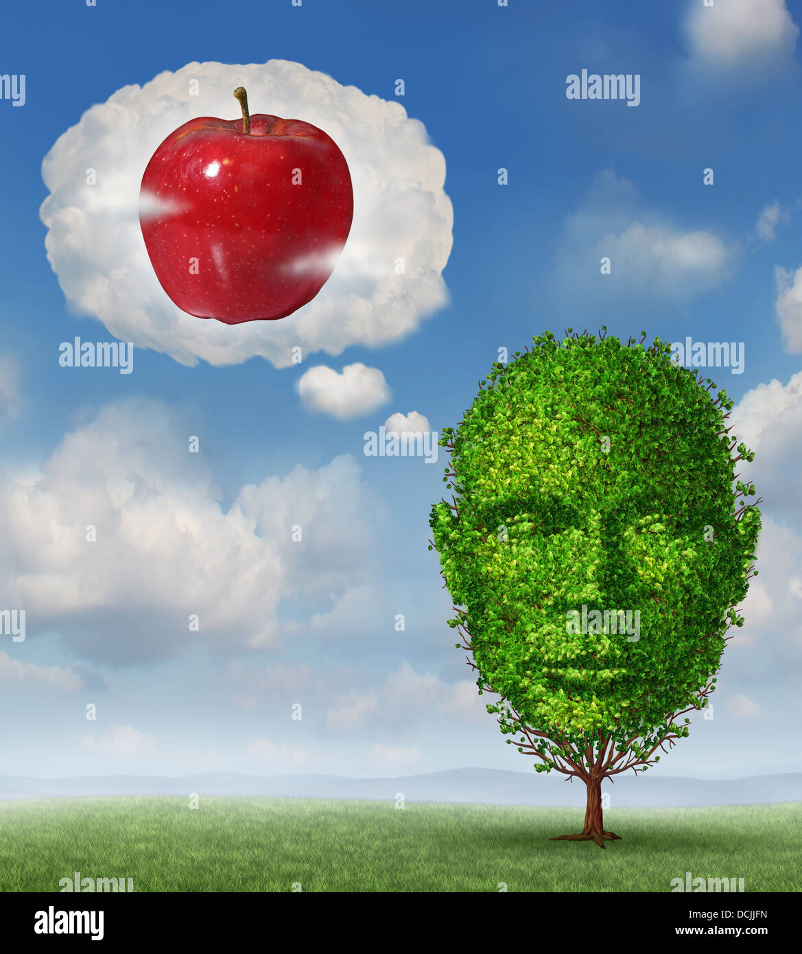 Big ideas business concept with a tree shaped as a human head dreaming and imagining a red apple in a dream bubble made of clouds as a metaphore for planning future profit and fruitful growth success. Stock Photo