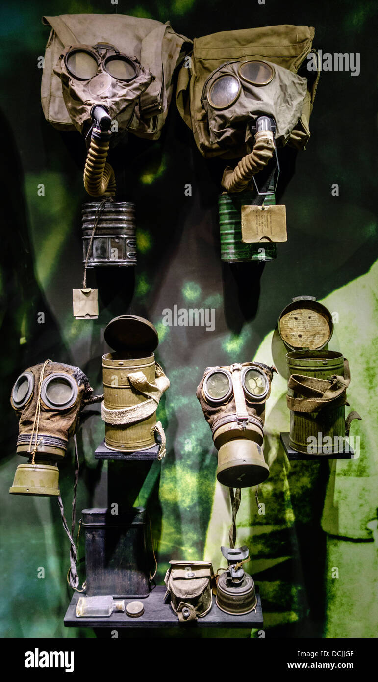 Collection of WWI gas masks of the First World War One in the Memorial Museum Passchendaele 1917 at Zonnebeke, Flanders, Belgium Stock Photo