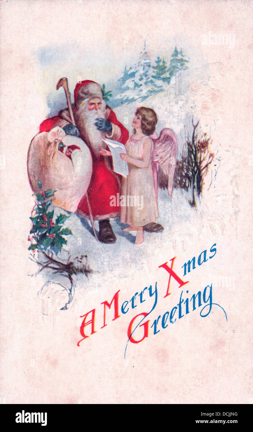 A Merry Xmas Greeting - Vintage card with an angel with a list talking to Santa Claus Stock Photo