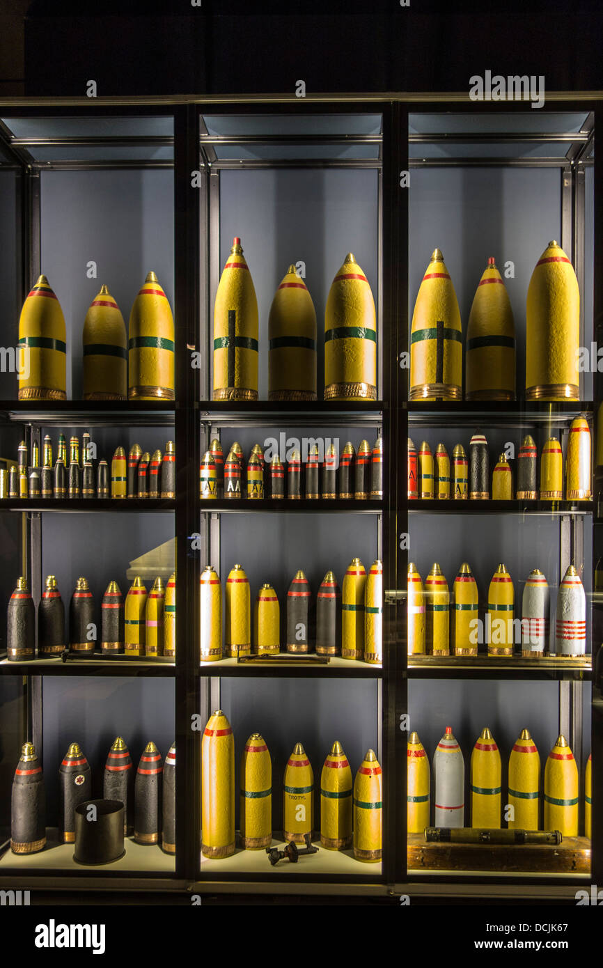 First World War One artillery ammunition showing yellow coloured grenades and shells at the Memorial Museum Passchendaele 1917 Stock Photo