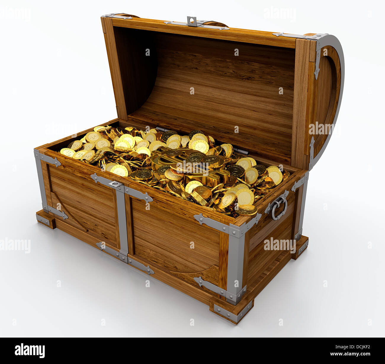 Treasure chest full of golden coins on white background Stock Photo - Alamy