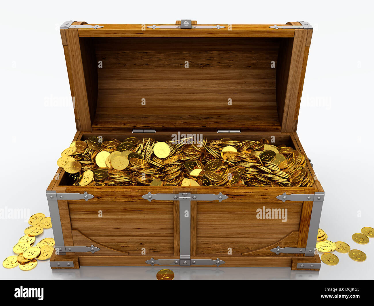 Treasure chest full of golden coins on white background Stock Photo - Alamy