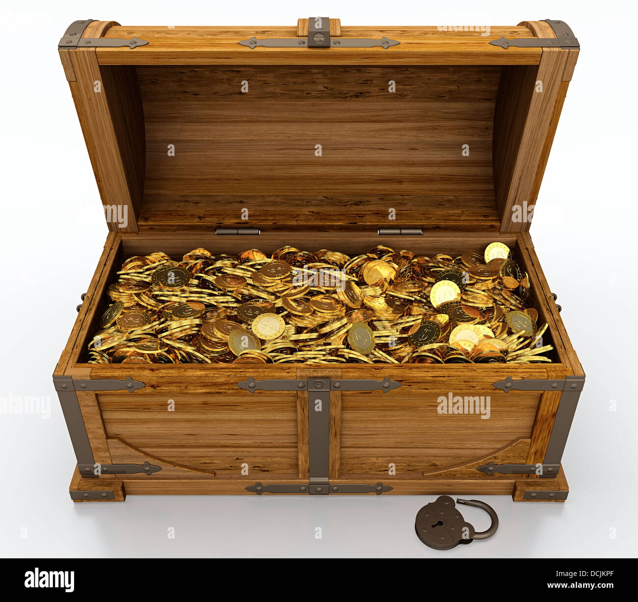 Old wooden chest box with treasure isolated on white background. Stock  Illustration
