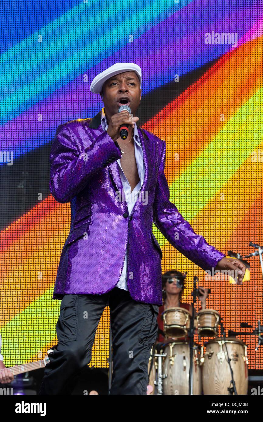Remenham, Henley-on-Thames, Oxfordshire, UK. 18 August 2013. Singer LEE JOHN performs on-stage as part of the British soul and funk band IMAGINATION at the 2013 'REWIND - The 80s Festival' held 16-17-18 August 2013. Photograph © 2013 John Henshall/Alamy Live News. PER0369 Stock Photo