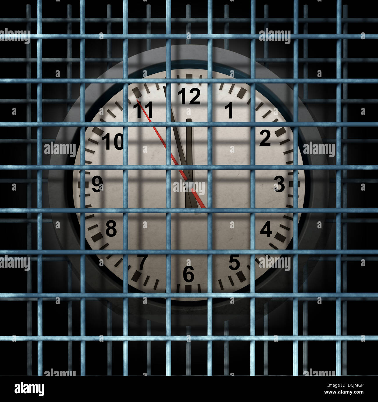 Locked schedule business concept and doing time behind bars with a time clock confined away in prison as a symbol of schedule management and locking in dates for special events during the months or years. Stock Photo