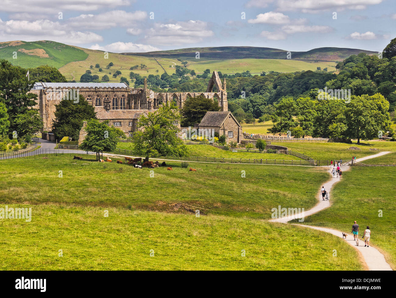Bolton Abbey with path leading to river, Skipton, North Yorkshire, UK Stock Photo