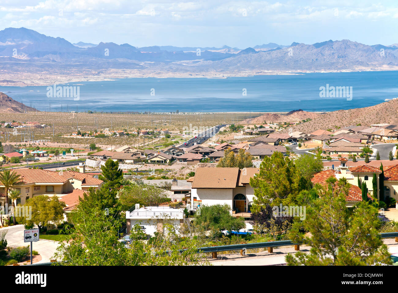 Lake Meade and Boulder city suburb with surrounding mountains Nevada