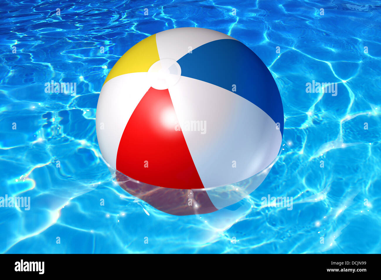 Pool fun concept with an inflatable plastic beach ball floating in cool  crystal clear reflective water as a symbol of vacation relaxation in a  family backyard or liesure activity at a holiday