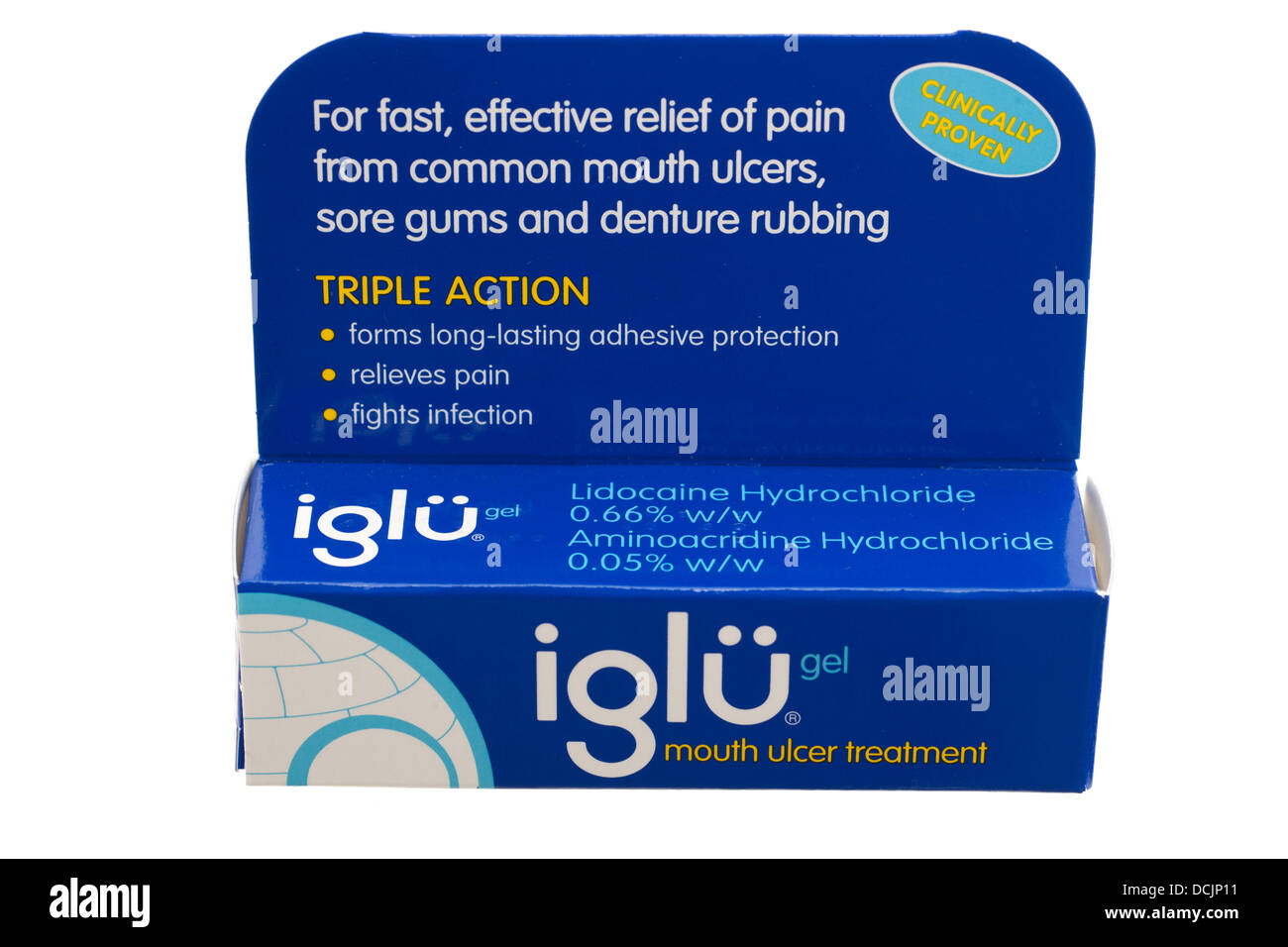 Box of Iglu mouth ulcer treatment gel containing Lidocaine Hydrocholride and aminoacridine hydrochloride Stock Photo