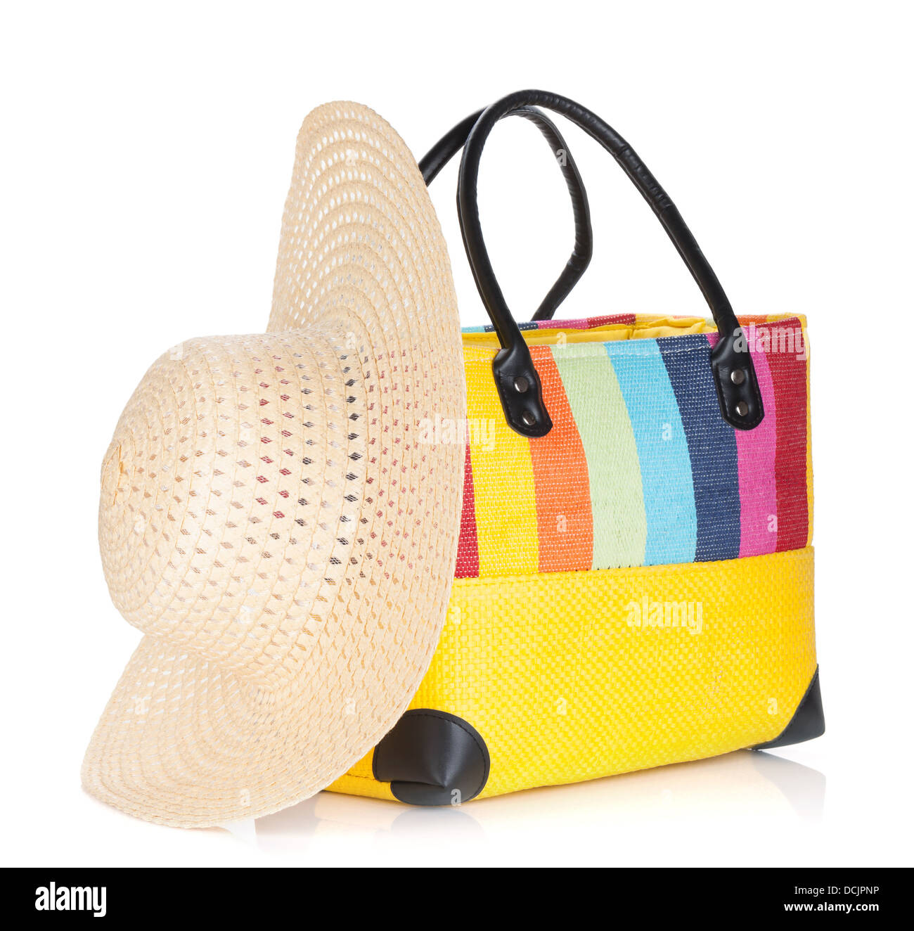 Beach bag and hat. Isolated on white background Stock Photo Alamy