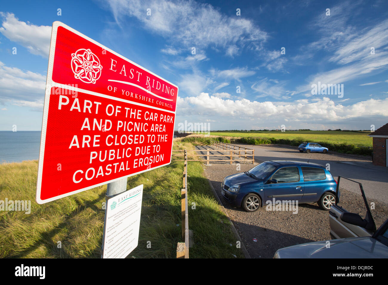 A collapsed coastal car park at Mappleton near Aldbrough on Yorkshires East Coast, UK. Stock Photo