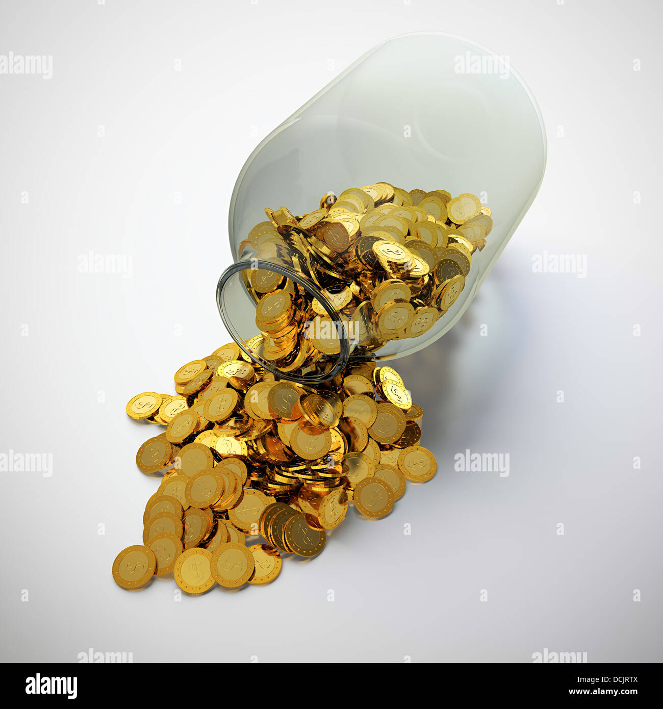 3D render of glass jar full of golden coins. Stock Photo